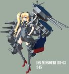  america battleship blonde_hair blue_eyes breasts cannon character_name full_body gloves gun half_gloves high_heels highres kantai_collection kinoshita_tsuyuki mecha_musume medium_breasts military military_vehicle original ship side_ponytail side_slit skirt solo thighhighs us_navy uss_missouri_(bb-63) warship watercraft weapon 