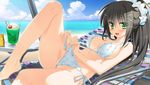  1girl barefoot beach beach_chair bikini bikini_lift black_hair breasts chair drink food ice_cream ice_cream_float large_breasts leg_up legs lifted_by_self long_hair looking_at_viewer lounge_chair melon_soda ocean open_mouth oshisaka_tsugumi outdoors polka_dot polka_dot_bikini polka_dot_swimsuit ponytail sesena_yau side-tie_bikini solo swimsuit thighs untied water 