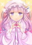  blush bow crescent hat heart heart_hands long_hair looking_at_viewer mikage_sekizai patchouli_knowledge purple_eyes purple_hair solo touhou 
