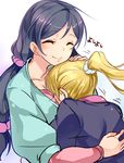  ajishio ayase_eli blonde_hair blush breast_smother casual closed_eyes hand_on_another's_head hug long_hair love_live! love_live!_school_idol_project multiple_girls ponytail purple_hair smile toujou_nozomi twintails yuri 