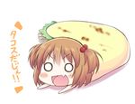  brown_hair chibi fang food hair_bobbles hair_ornament in_food kataoka_yuuki kurono_nekomaru lying o_o obvious open_mouth saki short_hair solo taco translated two_side_up 