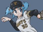  &gt;:( a-king alternate_costume baseball baseball_cap baseball_jersey baseball_mitt baseball_uniform black_hat blue_background blue_eyes blue_hair frown hair_cubes hair_ornament hat logo naganohara_mio nichijou nippon_professional_baseball pitching short_hair short_twintails simple_background solo sportswear twintails v-shaped_eyebrows yomiuri_giants 