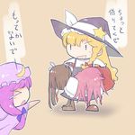  &gt;_&lt; blonde_hair brown_hair closed_eyes crescent hair_ribbon hat hiyou_(kantai_collection) japanese_clothes jun'you_(kantai_collection) kantai_collection kirisame_marisa long_hair multiple_girls patchouli_knowledge purple_hair ribbon skirt take_it_home touhou translated uriah-oyu witch_hat 