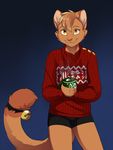  bell cat christmas_sweater clothing cup feline hot_chocolate jailbird liam looking_at_viewer male mammal smile solo sweater tight_clothing 