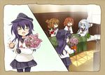  akatsuki_(kantai_collection) apple bandages blue_eyes brown_eyes brown_hair commentary_request flower folded_ponytail food fruit hibiki_(kantai_collection) ikazuchi_(kantai_collection) inazuma_(kantai_collection) kantai_collection long_hair long_sleeves malino_(dream_maker) multiple_girls neckerchief pantyhose peeling purple_eyes purple_hair school_uniform serafuku silver_hair translation_request 