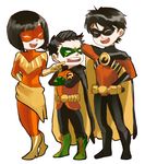 2boys batman_(series) belt black_hair boots brothers cape cross-laced_footwear damian_wayne dc_comics family gloves green_shoes hand_on_head imo_(ume_syrop) katana katana_(dc) lace-up_boots mask multiple_boys red_robin robin_(dc) shoes siblings smile standing tim_drake trio yellow_shoes 