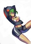  arms_up bike_shorts bikini_top breasts digimon digimon_world_re:digitize goggles goggles_around_neck green_hair groin highres hood hoodie navel open_clothes open_hoodie red_eyes shinomiya_rina shiny shiny_skin smile solo splashbrush 