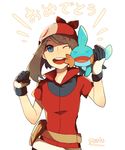  &gt;_&lt; ;d absurdres animal animal_on_shoulder bandana bangs belt belt_pouch black_gloves blue_eyes brown_hair clenched_hand closed_eyes congratulations creature fanny_pack gen_3_pokemon gloves haruka_(pokemon) head_scarf highres looking_at_viewer mudkip on_shoulder one_eye_closed open_mouth pocket pokemon pokemon_(creature) pokemon_(game) pokemon_on_shoulder pokemon_oras pokemon_rse pouch redricewine round_teeth shaded_face short_sleeves signature simple_background smile swept_bangs teeth translated upper_body white_background 