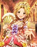  :d alternate_costume artist_request brown_hair earrings fan flower green_eyes hair_flower hair_ornament idolmaster idolmaster_million_live! jewelry necklace nikaidou_chizuru official_art open_mouth outstretched_hand smile solo 