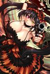  bare_shoulders black_hair breasts cleavage clock_eyes date_a_live dress dual_wielding gun hairband heterochromia highres holding huge_breasts inago lolita_fashion lolita_hairband long_hair looking_at_viewer red_eyes rifle smile solo symbol-shaped_pupils tokisaki_kurumi twintails weapon yellow_eyes 