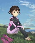  artist_name barefoot bodysuit brown_eyes brown_hair cloud dated day flippers grass horizon kanokoga miyafuji_yoshika ocean pink_bodysuit short_hair skin_tight sky smile solo strike_witches water wetsuit world_witches_series 