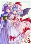  ama-tou arm_hug ascot bat_wings blue_eyes blue_hair book brooch coat crescent crescent_hair_ornament dress fang hair_ornament hair_ribbon hat hat_ribbon jewelry long_hair long_sleeves mary_janes mob_cap multiple_girls open_clothes open_coat open_mouth patchouli_knowledge pink_dress pink_eyes puffy_sleeves purple_dress purple_hair remilia_scarlet ribbon shoes short_sleeves smile striped striped_dress touhou tress_ribbon very_long_hair wide_sleeves wings wrist_cuffs 