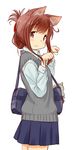  alternate_costume animal_ears bag brown_eyes brown_hair cat_ears folded_ponytail highres inazuma_(kantai_collection) kantai_collection looking_at_viewer pleated_skirt retsumaru school_bag school_uniform skirt solo sweater_vest white_background 