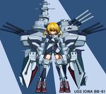  anchor battleship bike_shorts blonde_hair boots cannon character_name crossed_arms flat_chest highres mecha_musume military military_vehicle omu_zukin original personification ship short_hair short_twintails smile solo turret twintails us_navy uss_iowa_(bb-61) warship watercraft yellow_eyes zipper 