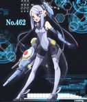  arm_cannon bodysuit elbow_gloves gen_4_pokemon gloves hair_ornament hairclip high_heels magnezone minatsuki@taboonitsukishooshitsuuchuu number open_mouth personification pokemon pokemon_number red_eyes silver_hair solo thighhighs weapon 