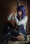  1girl blue_eyes busujima_saeko cosplay highschool_of_the_dead long_hair photo purple_hair sitting smile solo sword thighhighs weapon 