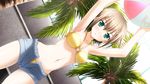  :o armpits arms_up ball beach_volleyball beachball bikini bikini_under_clothes blush brown_hair coconut_tree contrapposto cowboy_shot denim denim_shorts dutch_angle game_cg green_eyes highres konakana_2:_konata_yori_kanata_made_ii minase_(dragon_panda) navel open_fly palm_tree parted_lips short_hair shorts solo standing swimsuit tokiwa_chika tree yellow_bikini 