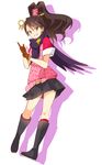  black_hair blush boots brown_gloves full_body gloves green_eyes grin gyakuten_kenji gyakuten_saiban hair_between_eyes hair_ornament high_ponytail ichijou_mikumo jika-tabi karakusa_(pattern) key key_hair_ornament kisaragi_ichigo knee_boots kneehighs long_hair looking_at_viewer miniskirt pigeon-toed pink_legwear pleated_skirt ponytail scarf silhouette skirt smile solo tabi tabi_boots teeth wavy_hair white_background 