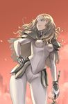  armor blonde_hair breasts cape claymore claymore_(sword) cowboy_shot crotch_seam hand_on_hip light_smile long_hair looking_to_the_side medium_breasts silver_eyes skin_tight solo sword tea_(nakenashi) teresa_(claymore) weapon 