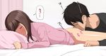  1girl ass bed bottomless brown_hair closed_eyes hetero long_hair lying on_stomach original pajamas pillow smelling solo_focus sweat ushisuke 