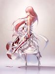  backless_outfit blood blood_on_breasts blood_splatter bloody_clothes breasts full_body high_heels highres long_hair luen_kulo medium_breasts original pink_hair profile red_eyes reflection sideboob solo sword thighhighs very_long_hair weapon white_legwear 