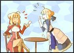  ahoge arguing armor armored_dress artoria_pendragon_(all) blonde_hair braid breastplate breasts cleavage cleavage_cutout crossed_arms dual_persona epaulettes fate/extra fate/stay_night fate_(series) faulds french_braid gloves greaves green_eyes hair_bun hair_ribbon medium_breasts multiple_girls nero_claudius_(fate) nero_claudius_(fate)_(all) ribbon saber showgirl_skirt sitting table tthal 