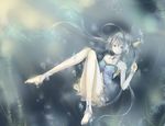  air_bubble bad_id bad_pixiv_id barefoot blue_hair bubble gen_1_pokemon head_fins highres knees_together_feet_apart long_hair mio_(mio84214) personification pokemon purple_eyes skirt smile solo underwater vaporeon 