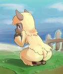  alpaca back_turned blush breasts butt crouching embarrassed female looking_back nude outside purple_eyes solo 