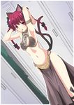  alternate_costume animal_ears armlet armpits arms_up bow bra braid cat_ears cat_tail chain cl_(h-sys.) cosplay cowboy_shot earrings hair_bow hair_ornament highres image_sample jewelry kaenbyou_rin lips looking_at_viewer midriff multiple_tails navel nekomata open_mouth pelvic_curtain princess_leia_organa_solo princess_leia_organa_solo_(cosplay) red_eyes red_hair skirt smile solo standing star_wars tail touhou twin_braids twitter_sample two_tails underwear 