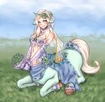  animal_ears ankle_cuffs bare_shoulders blonde_hair bouquet breasts bridal_veil centaur cleavage dress field flower hair_flower hair_ornament hooves horse_ears large_breasts low_twintails monorus monster_girl monster_girl_encyclopedia sitting solo tail twintails unicorn unicorn_(monster_girl_encyclopedia) unicorn_girl v_arms veil wedding_dress 