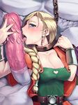  1girl belt bestiality bianca blonde_hair blue_eyes blush bracer braid breasts chain cleavage clothed_female_nude_male collar dragon_quest dragon_quest_v fellatio full-face_blush height_difference hetero highres huge_penis huge_testicles jewelry jyami large_penis large_testicles licking long_hair medium_breasts misonou_hirokichi nail_polish nude open_mouth oral penis ring single_braid size_difference slave solo_focus studded_penis sweat testicles wedding_band 