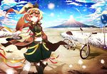  adapted_costume album_cover belt bicycle blonde_hair blue_skirt boots bow cloud coat cover day goggles goggles_on_head ground_vehicle hair_bow headphones headphones_around_neck kurodani_yamame kusakanmuri landscape looking_at_viewer manhole manhole_cover midriff navel open_clothes open_coat ponytail road road_sign shirt sign skirt solo touhou yellow_eyes 