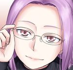  adjusting_eyewear close-up closed_mouth face fate/stay_night fate_(series) glasses gradient gradient_background happy hone_(koppun) lips long_hair looking_at_viewer pullover purple_hair red_eyes rider rimless_eyewear round_eyewear sketch smile solo 