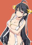  bad_id bad_pixiv_id black_hair blush bottomless breast_lift breasts brown_eyes hairband haruna_(kantai_collection) highres kantai_collection kirise_mitsuru large_breasts long_hair looking_at_viewer nipples out-of-frame_censoring smile solo 