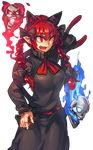  :3 animal_ears belt blue_fire bow braid cat_ears cat_tail dress extra_ears fang fire flaming_skull hair_bow hand_behind_head kaenbyou_rin long_hair melon22 multiple_tails open_mouth pointy_ears red_eyes red_fire red_hair ribbon skull solo tail touhou twin_braids 
