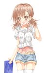  alternate_hairstyle amagami_rukichi brown_eyes brown_hair casual highres low_twintails misaka_mikoto short_hair shorts thighhighs to_aru_kagaku_no_railgun to_aru_majutsu_no_index twintails 