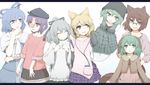  6+girls :d alternate_costume animal_ears arm_warmers arms_behind_back blue_eyes blue_hair brown_eyes brown_hair clenched_hands closed_eyes contemporary digital_media_player dress earmuffs facing_viewer flying futatsuiwa_mamizou ghost_tail glasses green_eyes green_hair hair_ornament hair_ribbon hair_rings hair_stick hand_in_hair hand_on_another's_head hand_on_own_face hat jacket kaku_seiga kasodani_kyouko lavender_hair letterboxed light_brown_hair long_sleeves looking_at_another looking_at_viewer miyako_yoshika mononobe_no_futo multiple_girls ofuda open_mouth pointy_hair ponytail raccoon_ears raccoon_tail red_eyes ribbon semi-rimless_eyewear short_hair short_sleeves silver_hair simple_background sleeveless sleeveless_dress smile soga_no_tojiko tail ten_desires touhou toyosatomimi_no_miko white_background 
