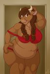 anthro anuvia areola big_breasts bovine breasts brown_hair chubby clothed clothing female hair horn long_hair looking_at_viewer mammal nipples overweight solo standing 