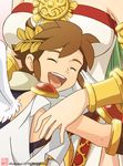  1boy 1girl breasts brown_hair elm_goshogawara green_hair hug jewelry kid_icarus large_breasts lots_of_jewelry nintendo palutena pit_(kid_icarus) 