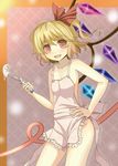  apron bare_arms bare_shoulders blonde_hair bunchou_(bunchou3103) collarbone fang flandre_scarlet hair_ribbon hand_on_hip highres jewelry looking_at_viewer naked_apron open_mouth red_eyes ribbon ring side_ponytail smile solo touhou wedding_band whisk wings 