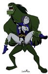  beast_boy belt bestiality boots breasts claws clothing duo erection fangs female feral hair human human_on_anthro humanoid interspecies invalid_color male mammal penis plain_background raven_(teen_titans) sex size_difference stand_and_carry_position standing straight teen_titans torn_clothing vaginal 