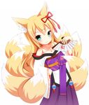  animal_ear_fluff animal_ears bangs bare_shoulders blonde_hair blush bow commentary_request cowboy_shot fan fox_ears fox_tail green_eyes hair_ornament highres holding japanese_clothes kimono kitsune long_hair looking_at_viewer mon-musu_quest! monster_girl multiple_tails nekotechno sidelocks simple_background smile solo tail tamamo_(mon-musu_quest!) tattoo white_background 