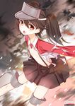  blush brown_eyes brown_hair flat_chest hat kantai_collection long_hair looking_at_viewer magatama open_mouth ryuujou_(kantai_collection) skirt solo torn_clothes twintails visor_cap yadapot 