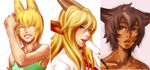  animal_ears armpit_hair blonde_hair brown_eyes brown_hair closed_eyes food fukiishi_iruma goat_ears green_eyes highres horns long_hair multiple_girls original popsicle rei_josephine_eland sahara_shimako short_hair smile tail tan yakibuta_(shimapow) 