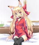  :d animal_ears bed blonde_hair bow collar collarbone contemporary dog_collar fang fox_ears fox_tail hair_bow long_hair long_sleeves looking_at_viewer multicolored_hair on_bed open_mouth original shika sitting sitting_on_bed sleeves_past_wrists smile solo sweatshirt tail thighhighs two-tone_hair wide_hips yellow_eyes zettai_ryouiki 