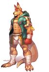  abs anthro bandage biceps big_muscles boxer boxing_gloves brown_fur brown_hair brown_nose bulge claws clothing fur gloves grin hair hoodie jacket kangaroo male mammal marsupial muscles null-ghost open_mouth open_shirt pecs pose shirt shorts smile solo standing tan_fur tattoo teeth toe_claws toned tongue 