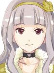  aida_yuu beyond_the_nobles choker closed_mouth fur_trim hair_ornament hairband idolmaster idolmaster_(classic) long_hair looking_at_viewer portrait purple_eyes shijou_takane silver_hair simple_background smile solo wavy_hair yellow_hairband 