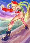  ahoge ass beret blonde_hair blue_eyes boots braid cammy_white combat_boots fighting_stance fingerless_gloves gloves hat highres huge_ahoge leotard long_hair muscle scar solo soon street_fighter street_fighter_ii_(series) thong_leotard twin_braids 