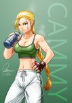  absurdres alternate_costume antenna_hair blonde_hair blue_eyes bottle breasts cammy_white character_name cleavage dated fingerless_gloves gloves hand_on_hip highres kumsmkii large_breasts lips long_hair midriff navel nose pants scar signature solo sports_bra street_fighter sweat track_pants water_bottle 
