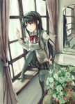  akemi_homura arm_support black_hair curtains flower hairband hand_on_window highres indoors light long_hair looking_out_window mahou_shoujo_madoka_magica mirror pantyhose reflection school_uniform shinon_(sinon_non) sitting solo window 